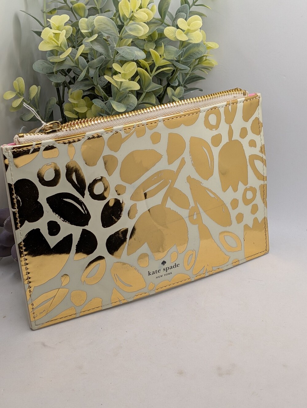 kate spade Metallic Gold and Cream Floral Zip Pouch Pencil Case